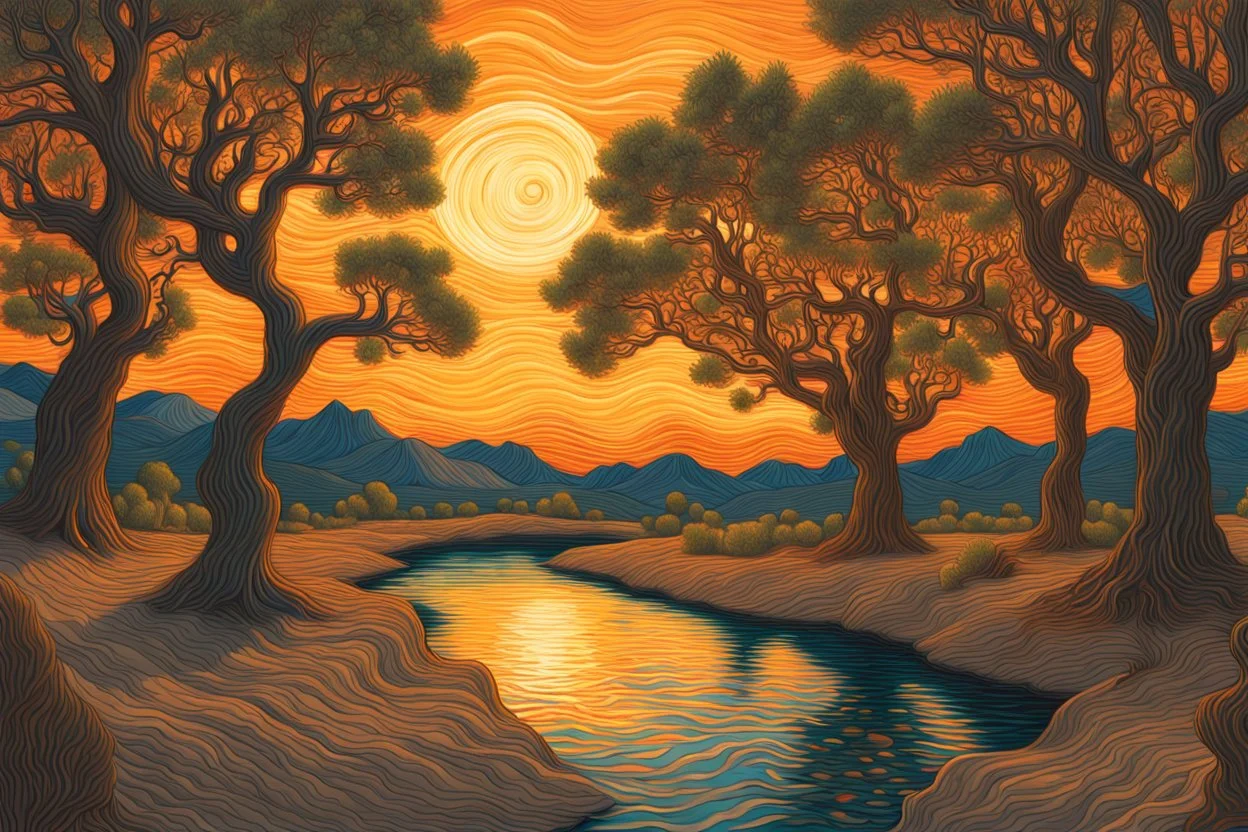 Great landscape, nature at sunset, Paradise Lost, spiritual, surreal, trees, fine art, tan skin, Vincent Van Gogh style, highly detailed, smooth, very sharp focus, illustration, bathing in light, ultra realistic illustration, close-up