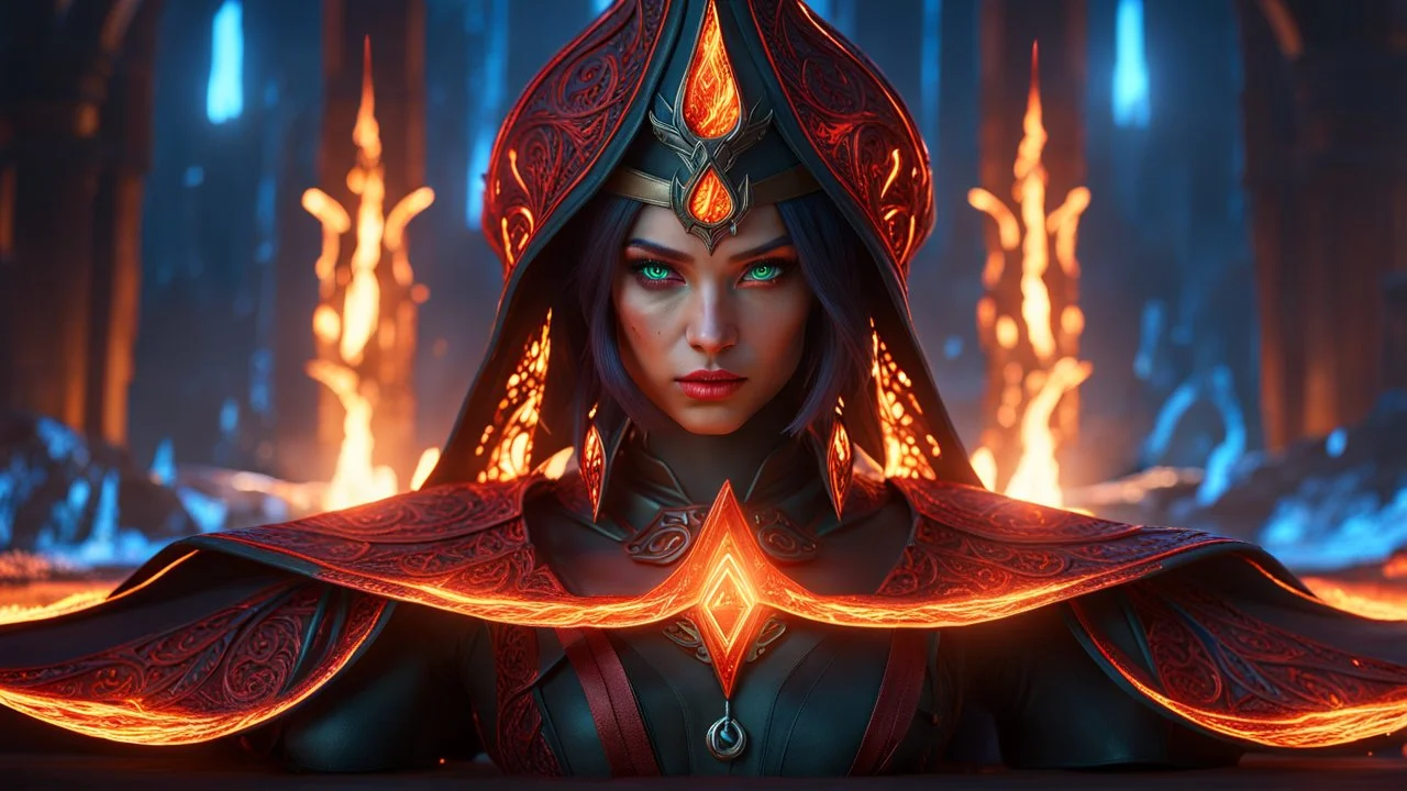 Armageddon. ragnarok. molten lava. 18 year old female sorcerer. magical green eyes. blue fire. red sparks. ray tracing. exquisite realism, a masterpiece, fantasy concept art, dynamic lighting, hyperdetailed, intricately detailed, deep color, Unreal Engine, volumetric lighting , Epic cinematic brilliant stunning intricate meticulously detailed dramatic atmospheric maximal, the naked truth