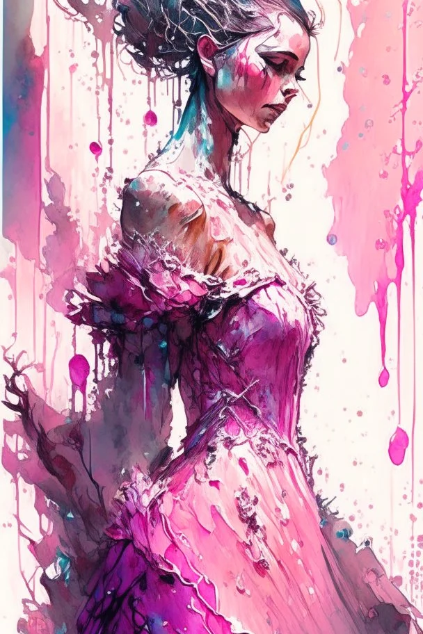 a beautiful bride in pink dress,Watercolor: brush strokes: ink drip: ink spots: by Android Jones: By Ismail Inceoglu and Jean Baptiste mongue: James Jean: Erin Hanson: Dan Mumford: professional photography, natural lighting, volumetric lighting maximalist photoillustration 8k resolution concept art intricately detailed, complex, elegant, expansive, fantastical