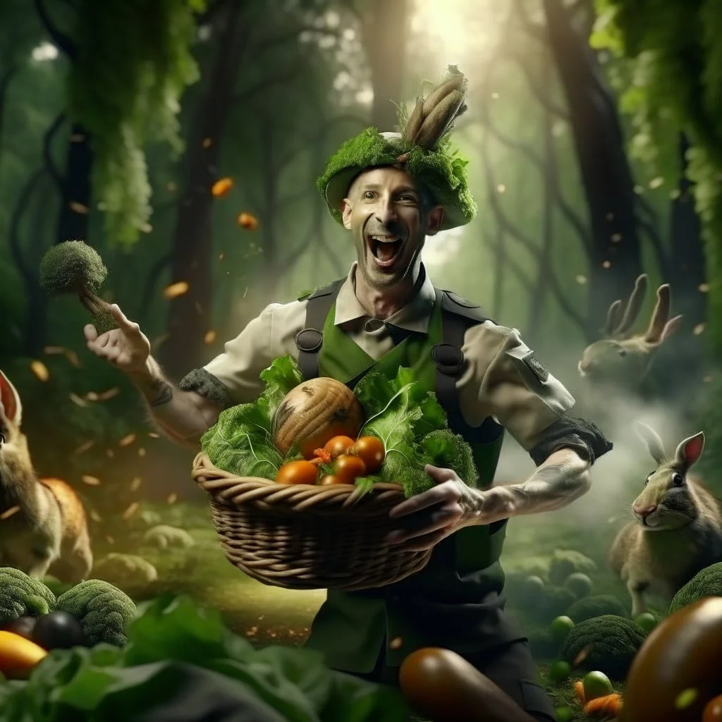 victory portrait of crazy cook army officer playing basket with vegetables inside grove with fluffy hare with mutations getting blasted by exploding hare, 4 k, down-light, soft light, depth of field, photo realism, trending on art station, high detail, spray paint