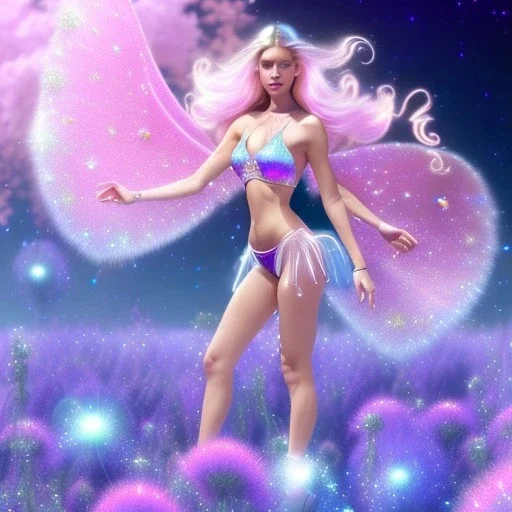 one big crystal glitter pink blue subtle galactic fairy in a galactic ambiance,glitter bikini, long blond hair down to the ground,transparent petals,blue eyes,delicate colors in the foreground, full of details, smooth，soft pink violet light atmosphere, light effect，vaporwave colorful, concept art, smooth, extremely sharp detail, finely tuned detail, ultra high definition, 8 k, unreal engine 5, ultra sharp focus, very precise, lots of details