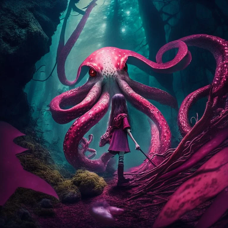 giant octopus enchanted, girl enchanted with katana protect a bunny, in the forest, cliff enchanted, enchanted meteor falling behind, darkred tones, 8k, macro photography,