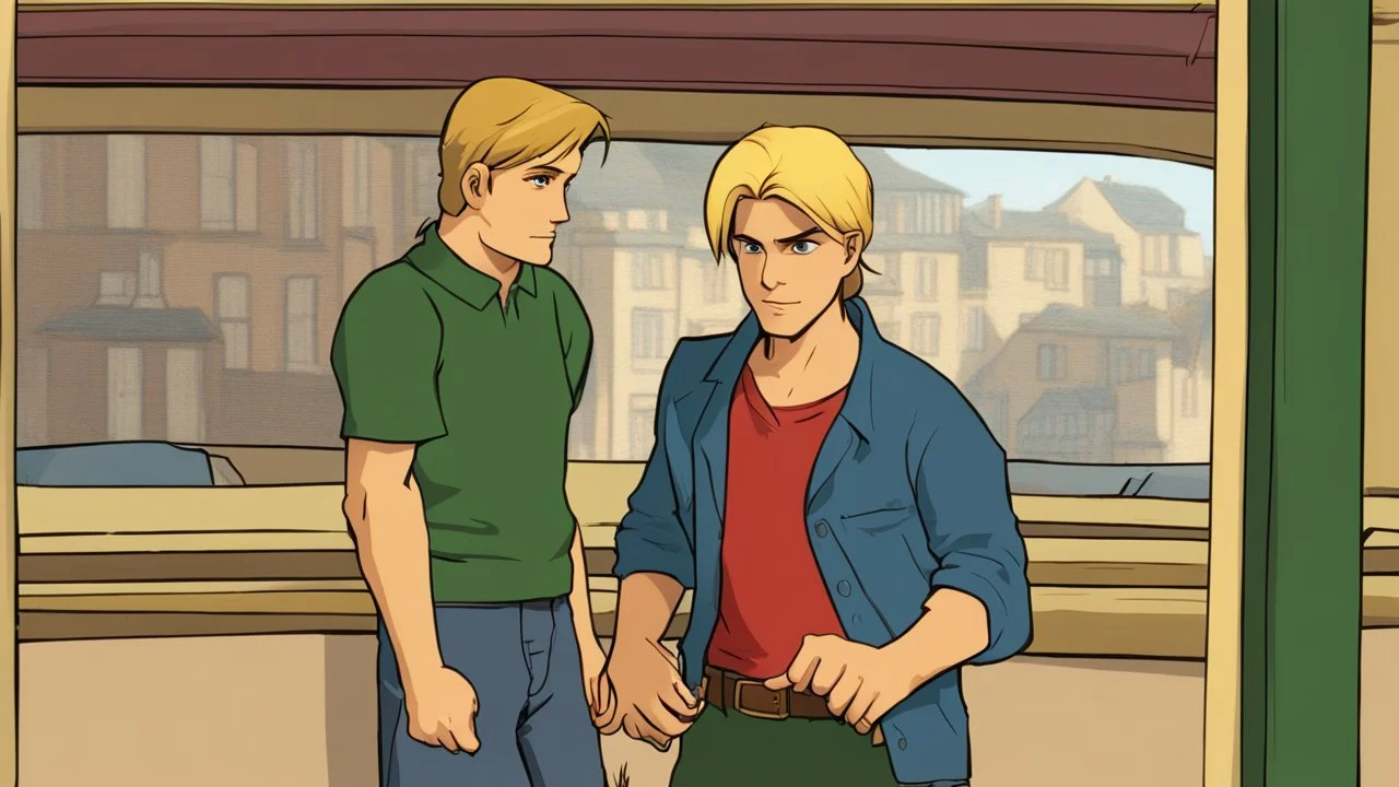 George is estimated to be 20 years of age (as of Broken Sword 1). His trademark appearance consists of blond hair, cut short in the back but left long in the front, as well as jeans with incredibly deep pockets and a blue-green jacket over a white t-shirt.