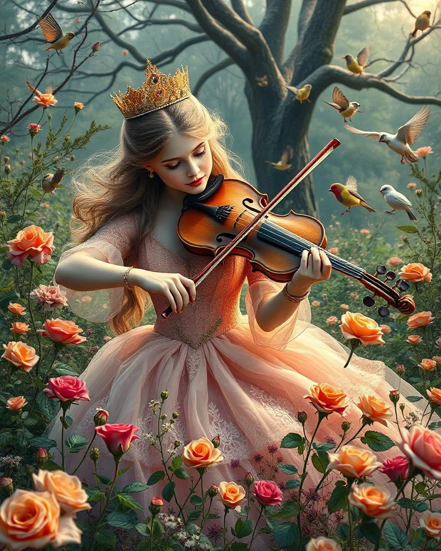 Gorgeous Photography Beautiful Princess playing violinist in Wild garden,flower,birds surrounding,fractal ornamentation, over detailed, gloriously full and confusing, nothing that really exists, everything made up, fantasy world, sweet briar, photography graphic art, song birds, ochre rose,rose buds, dewy morning, forest of oaks