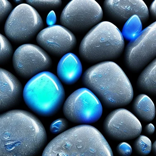 Blue raindrops on a rock, close up view, photo quality, stone marble, ultra realistic