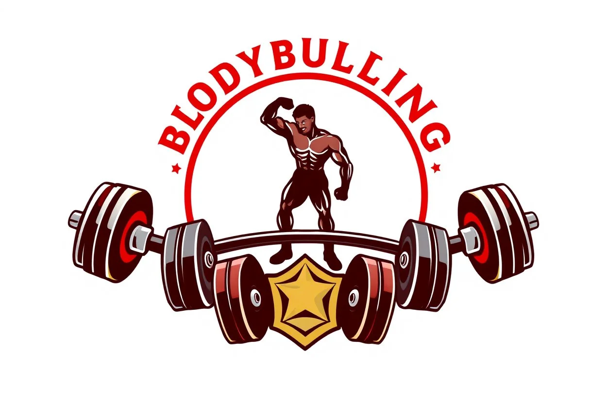 Bodybuilding design for a club with a logo of weights and club equipment below the image and the use of symbols of this sport on a white, red, gold and silver background.