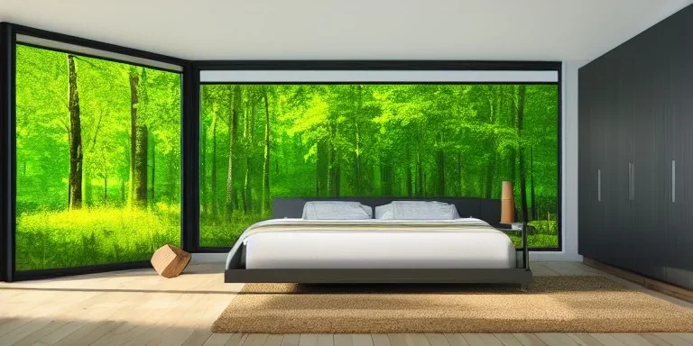 realistic, colorful, epic, ray tracing, cinematic, 8k, HD, Ultra High Definition, photo film, film grain, highly detailed room with highly detailed woodland landscape in windows