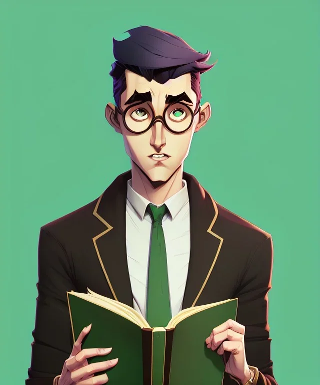 Fit man in round glasses with bookshelf in background,no beard, reading book, slim, tie, monotone, green eyes, comic book style, two tone colours, detailed, ink, realistic, handsome, square jaw, big brows, no jacket, bird on the shoulder, spotlight