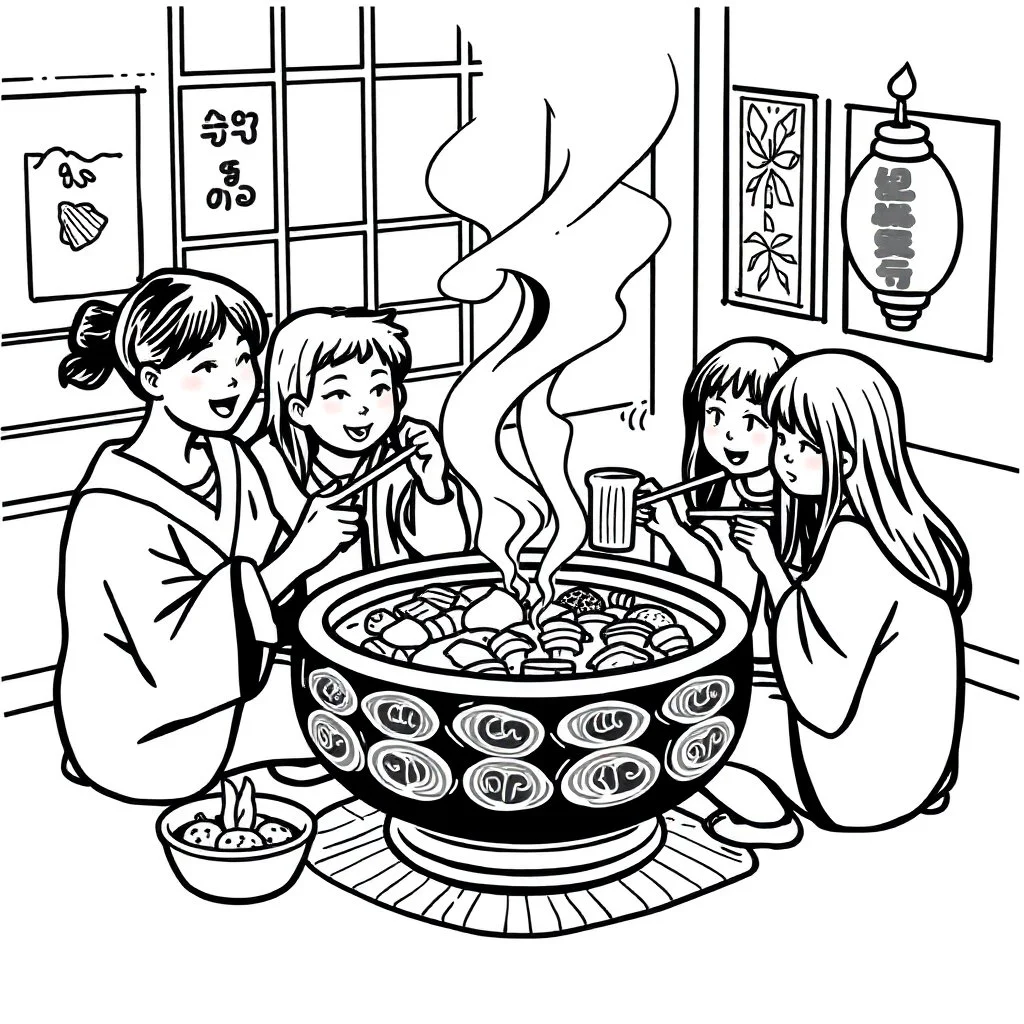 bold and easy, cozy Japan-Hot pot dinner shared by friends has very thick black outlines, making the details simple and fun to color colors, must be black and white and should have very few backgrounds or no backgrounds