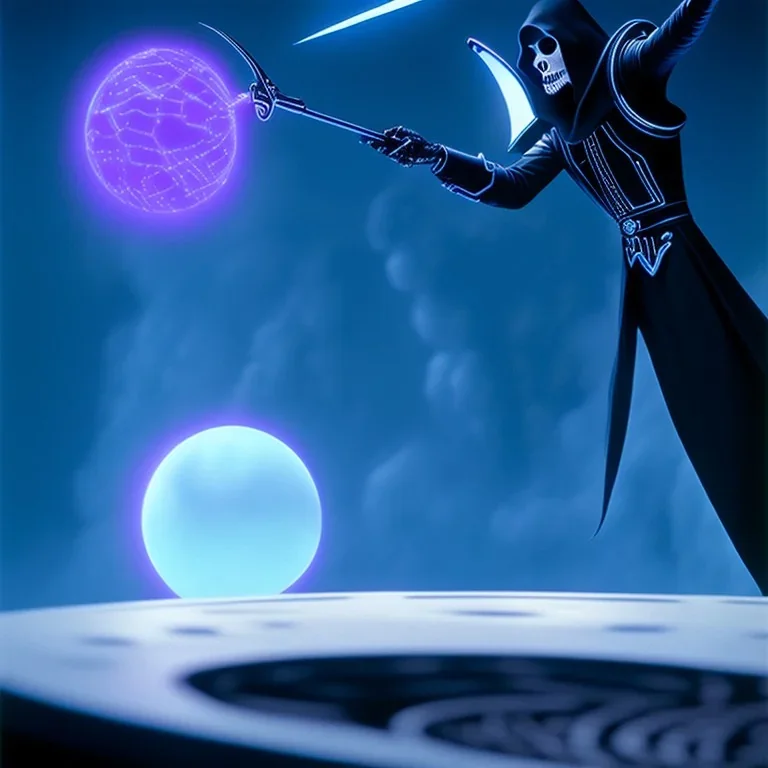 The Grim Reaper in Tron world, discussing the future of the universe, art by Magritte and Pixar