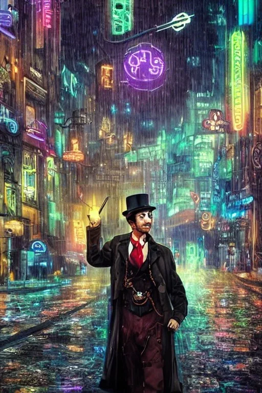 steampunk detective in a neon dystopian city during a rainstorm