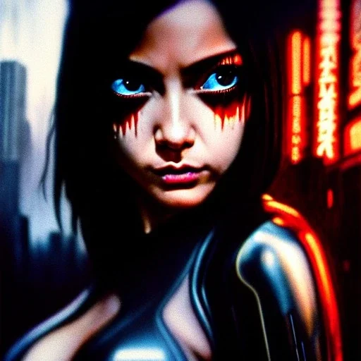 portrait oil on canvas, beautiful punk busty female Alita Battle Angel, intense stare, sad glowing eyes, post-apocalyptic in a cyberpunk city,minimal skintight latex dress, bladerunner movie poster, realistic, intriacte detail,rainy, sci-fi fantasy style, masterpiece, volumetric lighting, particles, highly detailed ,cinamatic , deep colours,8k, in the style of Kaare Andrew