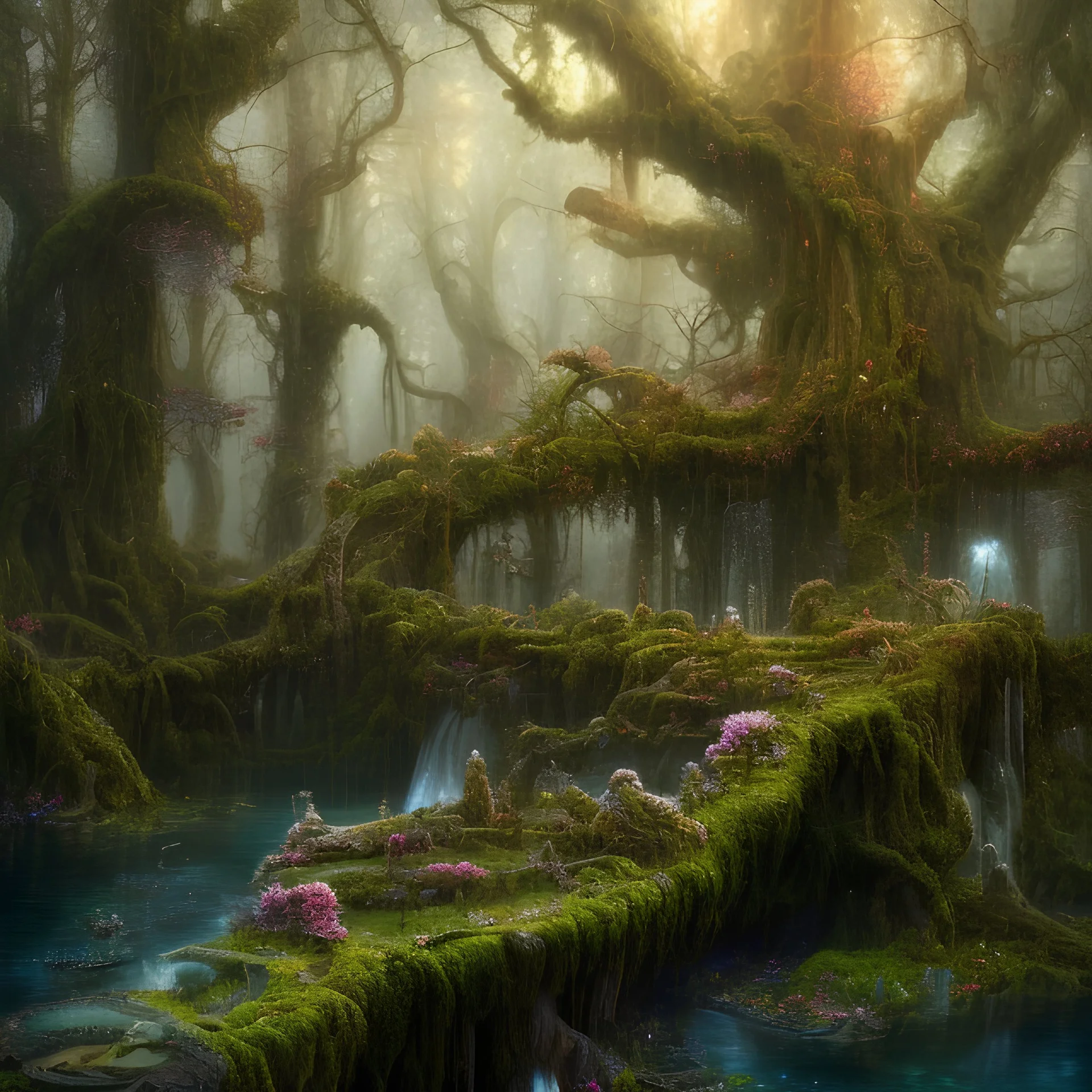 high-quality, fine-detail beautiful, breath-taking forest with gnarled trees, flowers, clear reflective lake, tranquil, stunning, 8k resolution, intricate, digital art, detailed matte, volumetric lighting, George Grie, Anne Dittman, Anne Stokes, Lisa Parker, Selina French, Alphonse Mucha