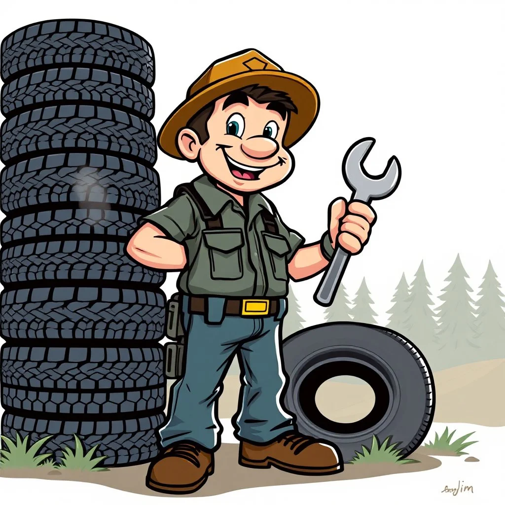 retro cartoon company mascot of a vehicle mechanic with a hint of forest ranger, holding a torque-wrench and next to a stack of tires, ranger jim