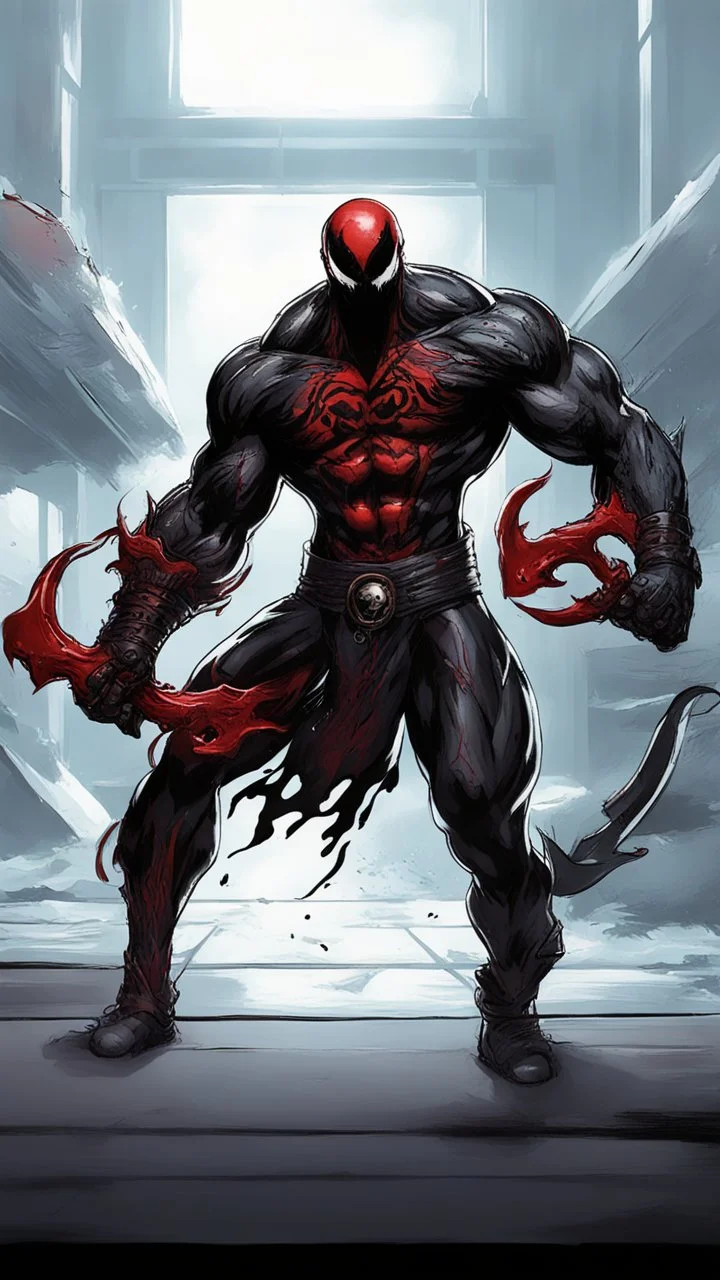 Venom symbiote with kratos red tattoos and Clothes, holding blade of choice