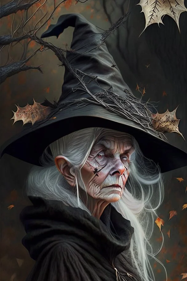 Old White-haired Witchery Witch in her pointed hat ready for the Coven in rusty autumn leaves and silver cobwebs. with burnished browns and abyss black.