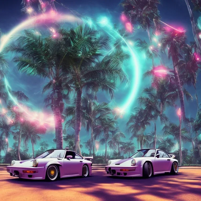 1980's aesthetic vaporwave palm trees and spheres and Porsche with lightning on fisheye filter