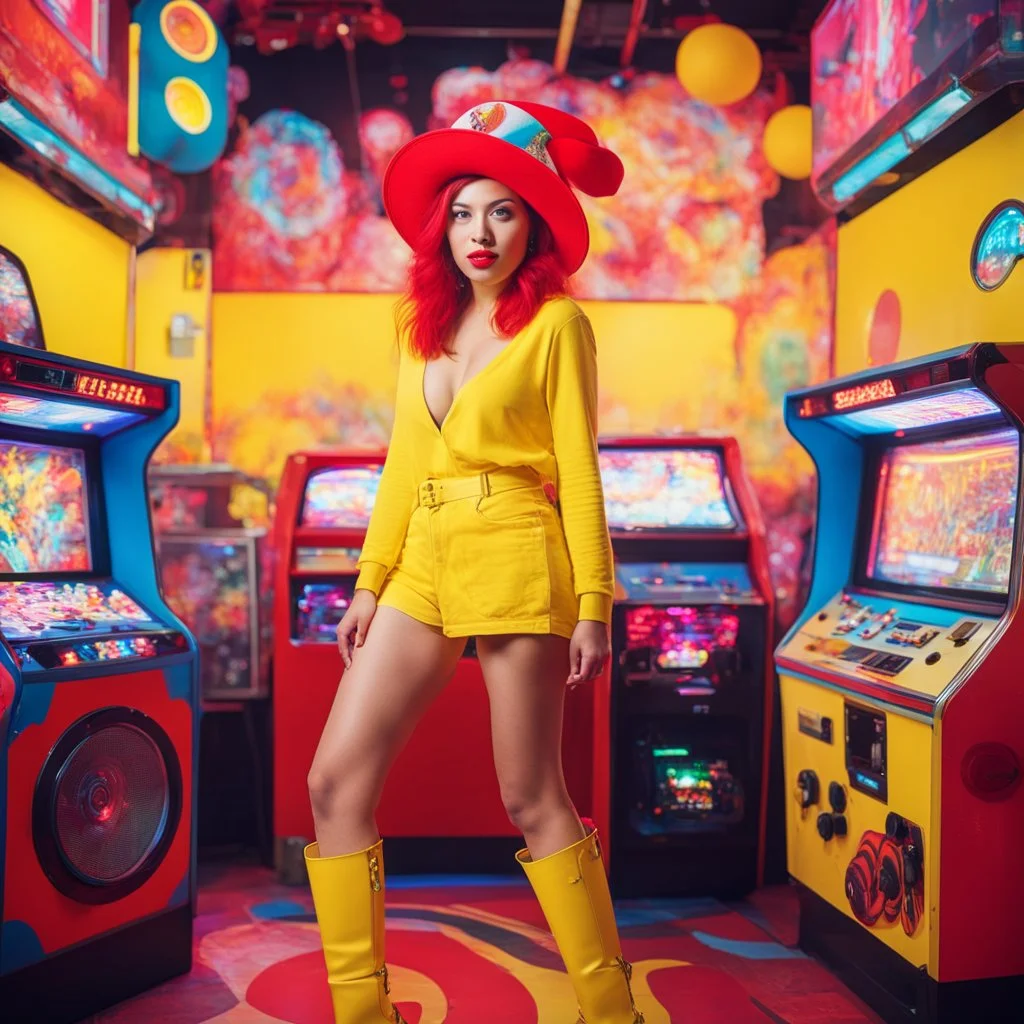 In a rebellious smile, the standing unclad young woman fearlessly delves into the crowded world of arcade gaming. Like a muse of the beatnik era, a vibrant red hat atop her head, a lollipop on her lips, she explodes a sense of rebellion in the middle of a glitched acid trip in yellow boots