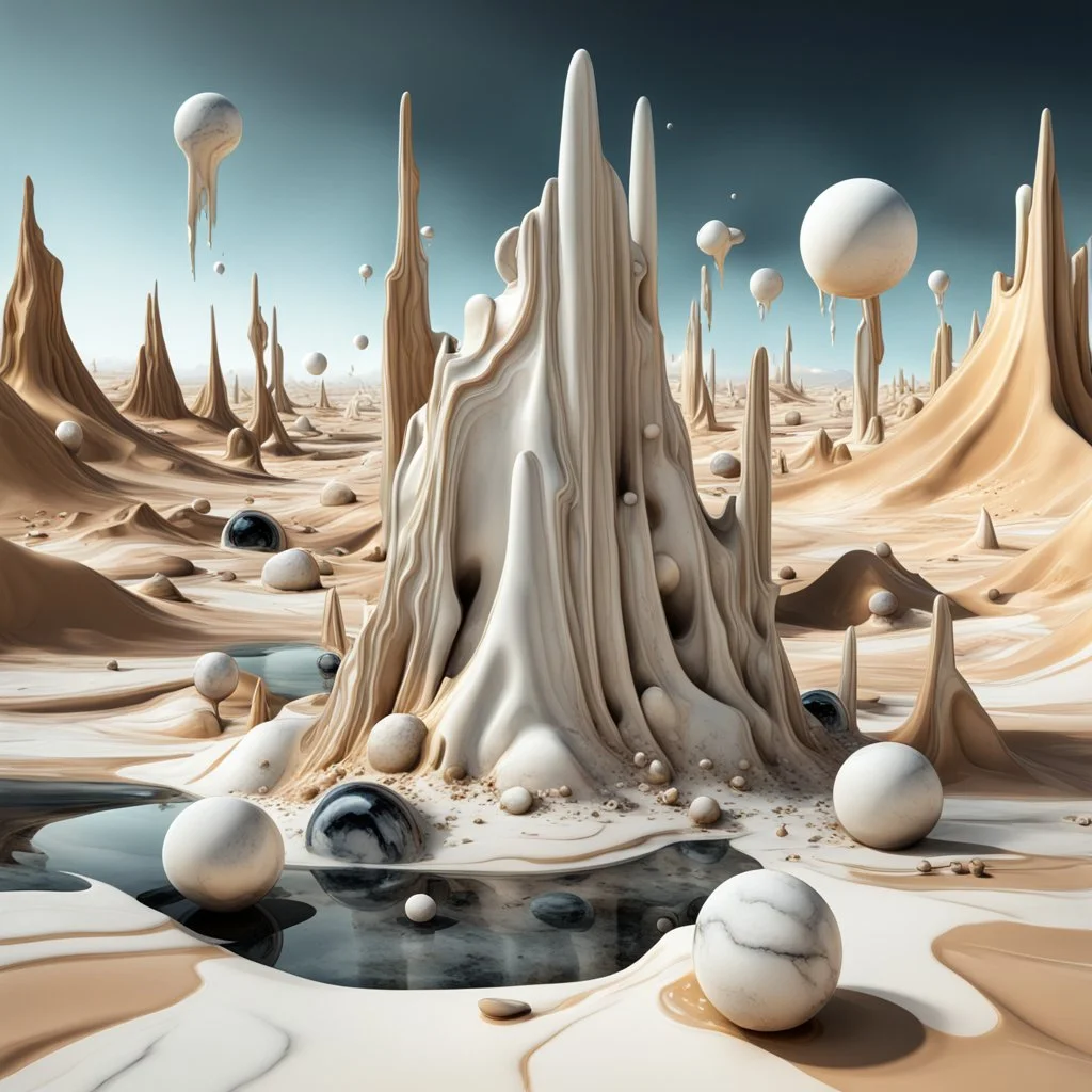 Dark, glittering, 3d, marble-like, surreal objects in a bright environment, desert, noon light, melting cream, Yves Tanguy style