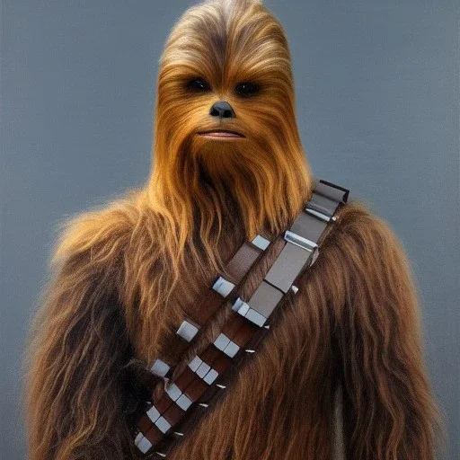 photorealistic and intricate portrait of chewbacca in star wars by rosa bonheur, wearing beskar armor, deep dark colors, hyperdetailed, 32K, oil on canvas,