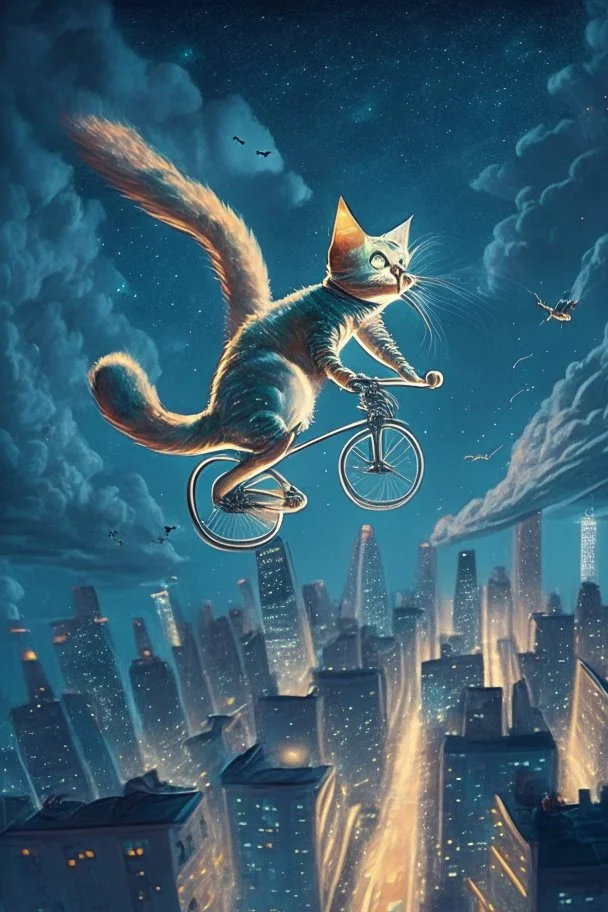 A pedaling cat riding a bicycle is flying at night in the sky over tall buildings.