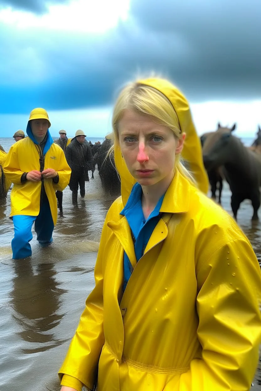 A 23-year-old woman with blond/ brown hair and bright blue eyes stands in the sea, she has a messy bun. dressed in a yellow fisherman's jacket ag. She holds an umbrella, but it offers no protection from the pouring rain. Around her, heavy horses are moving. The rain is pouring heavily.!! She is standing in the middle of the sea. it's not a close up, she is very smell because of the big sea You can see here completely. Horses only the girl and horses. middle of the sea, green pants, bolder, green