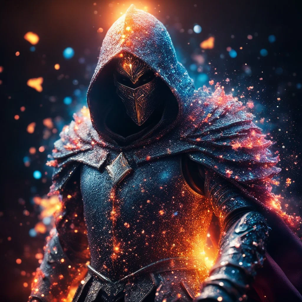 hooded marble knight covered with glowing crystals, fire particles in air, bright colors, glowing sparkle particles, dark tone, sharp focus, high contrast, 8k, incredible depth, depth of field, dramatic lighting, beautifully intricate details, clean environment, epic dynamic scene