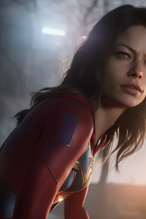 face kristin kreuk, superman clothes, realistic, unreal engine, cinematic lighting, octane render, fog, smoke, fire, particles