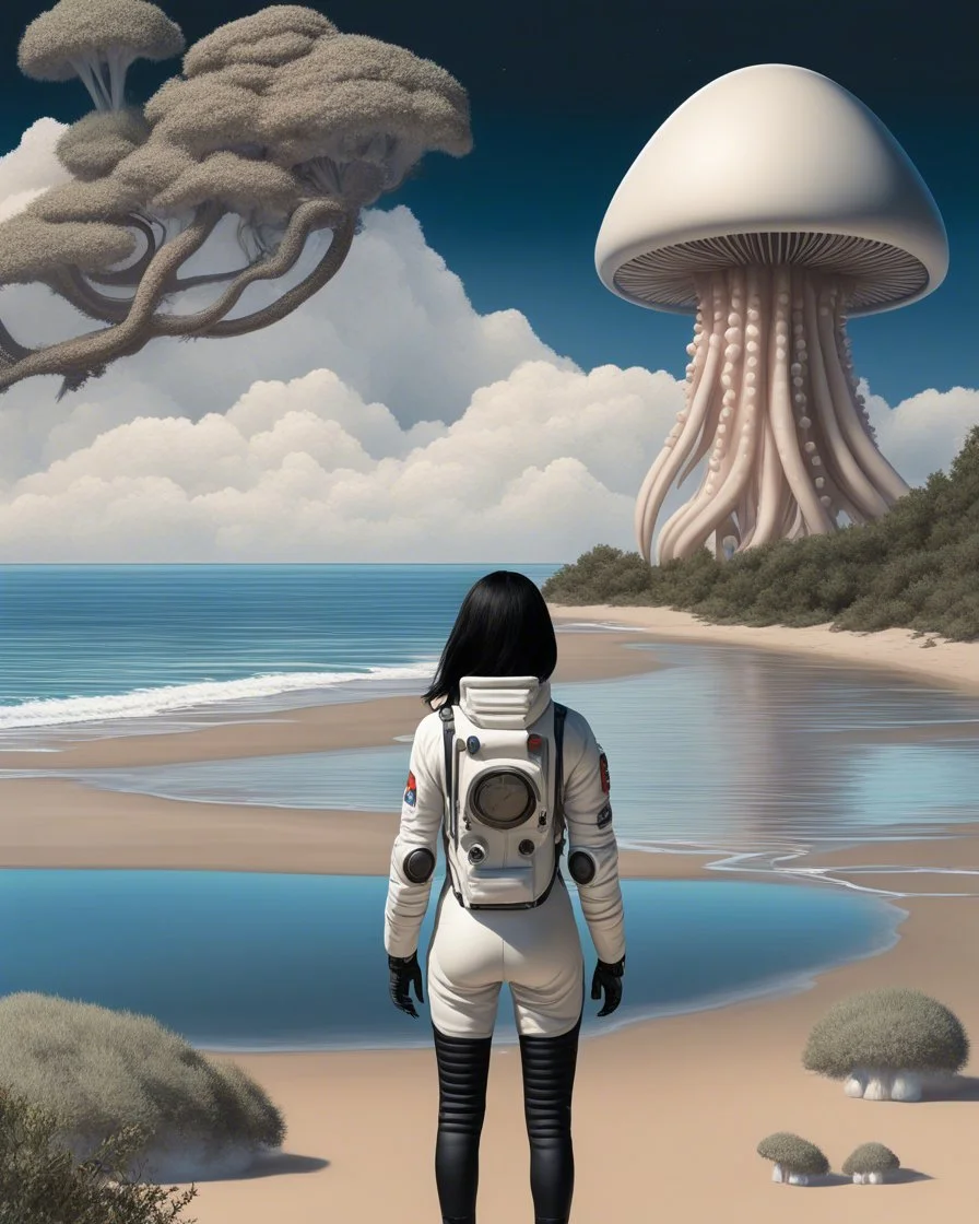 Photorealistic slim woman with black hair in a space suit, looking out over a sandy beach next to a sea, with tall, narrow cloud trees and flying mushrooms with octopus tentacles