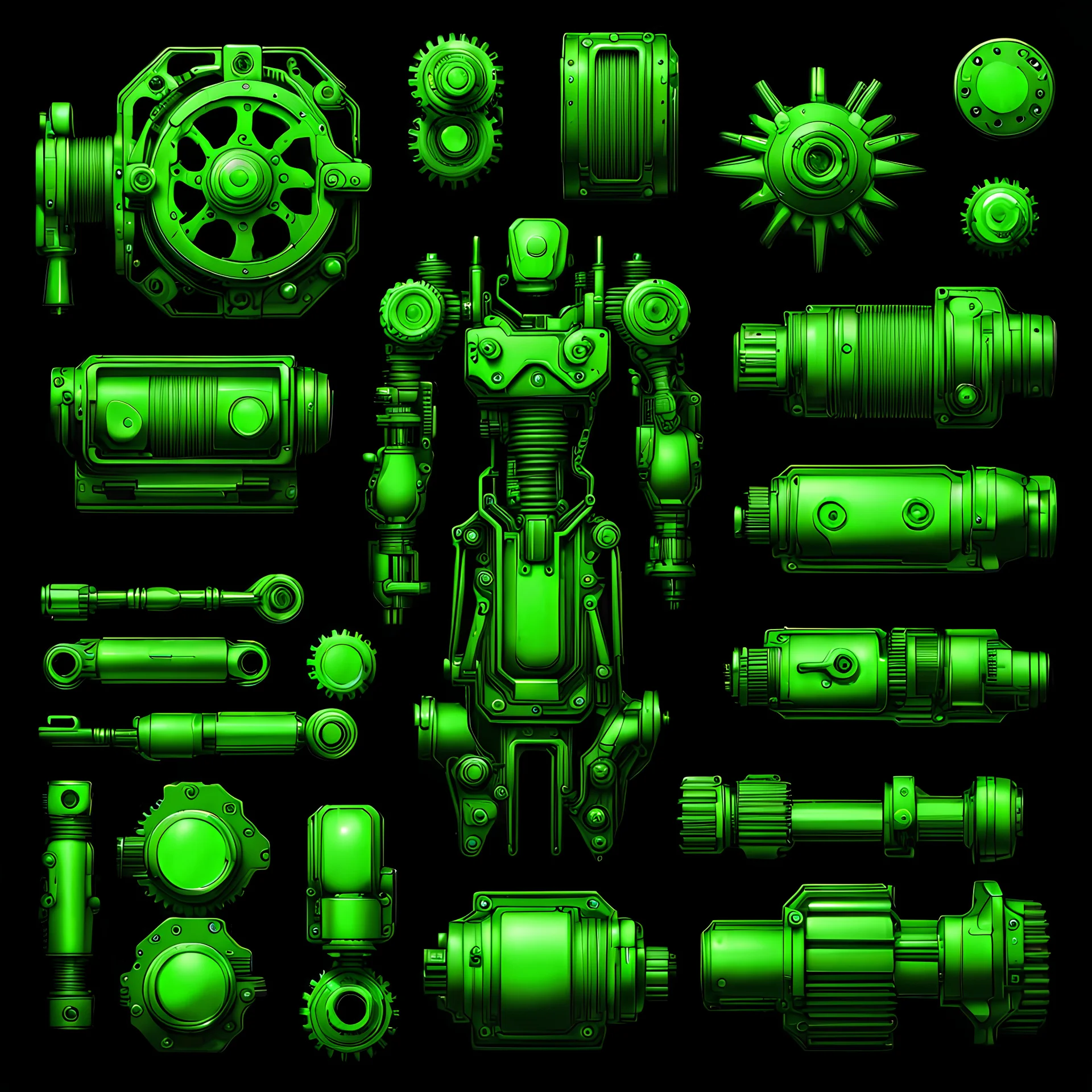 mechanical parts, cyberpunk style, green lighting black background