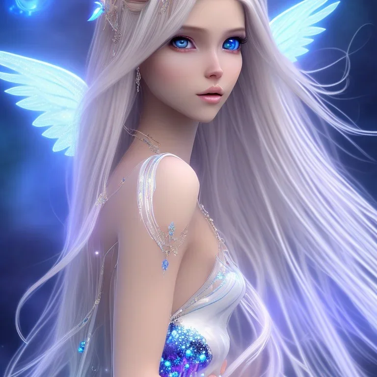  beautiful, soft, smiling, long and straight blonde hair, bluish background, fairy wings on the back