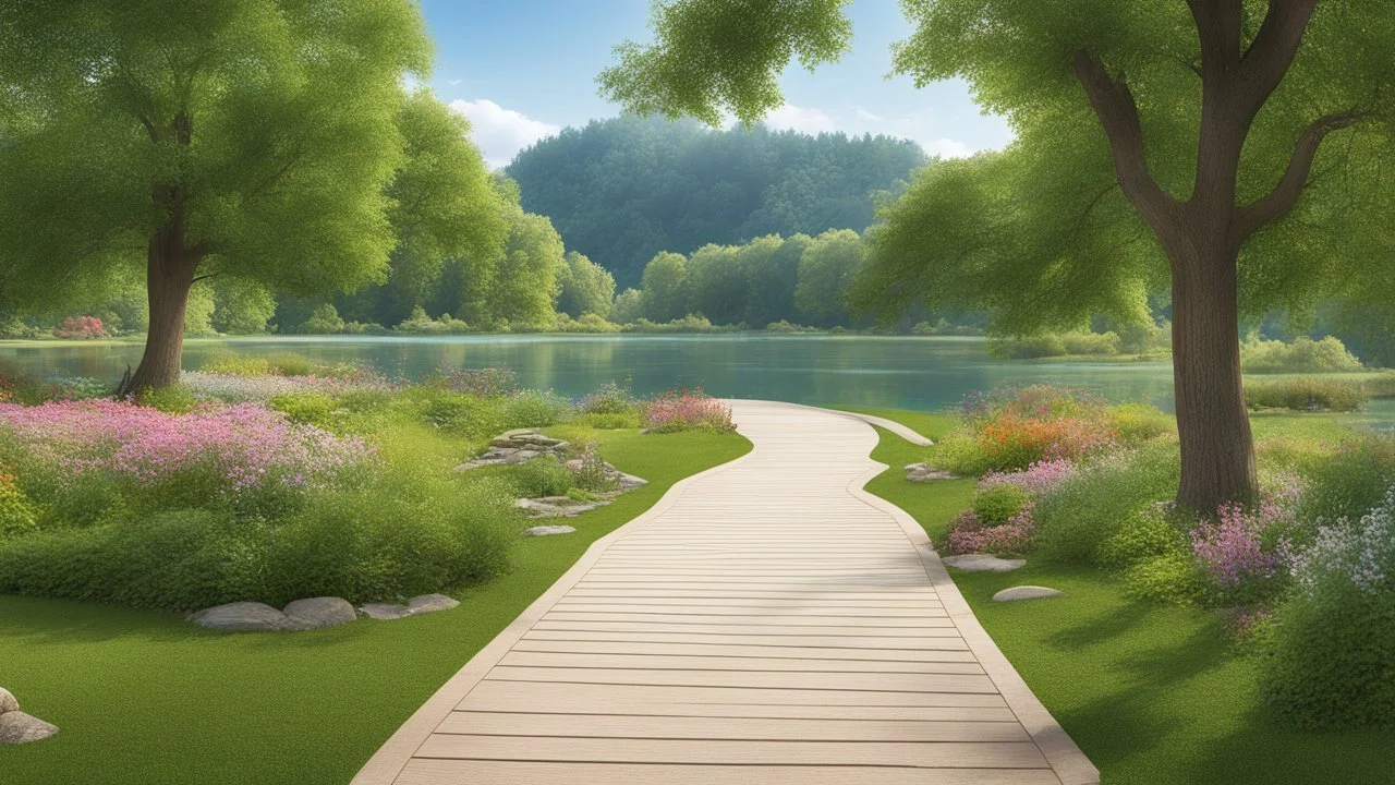 парк, зона озера, "царство водяного", Пешеходные дорожки — уютные тропинки вдоль озера, окруженные зеленью и цветами, которые ведут к различным уголкам "царства", Интерактивные элементы — информационные стенды о флоре и фауне озера, а также программы для детей, такие как рыбалка на игрушечных удочках или квесты.