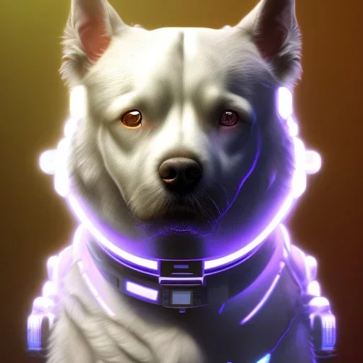 A master portrait of a cyborg dog white neon color scheme, high key lighting, volumetric light high details psychedelic background