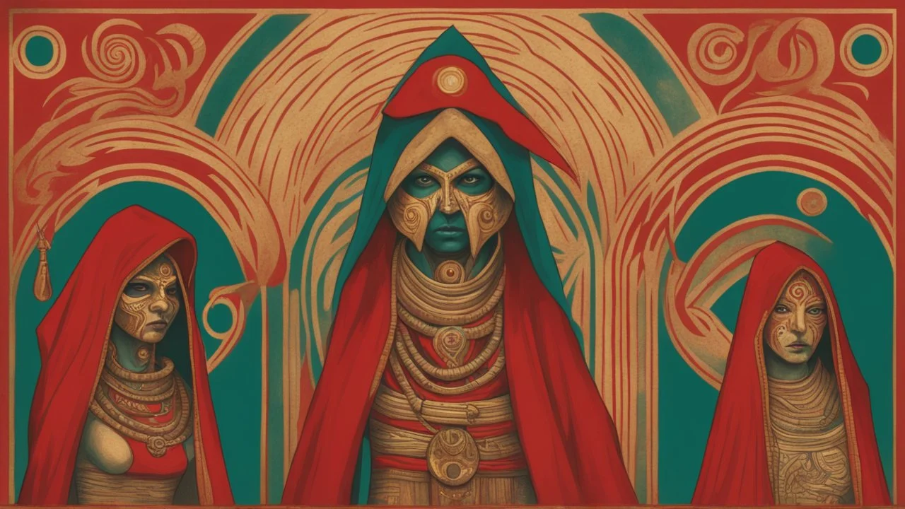 Five people with an average age of 30-40, wearing red and gold hooded cloaks with intricate designs, tribal markings face paint and a third eye symbol on their foreheads, standing in front of a teal background