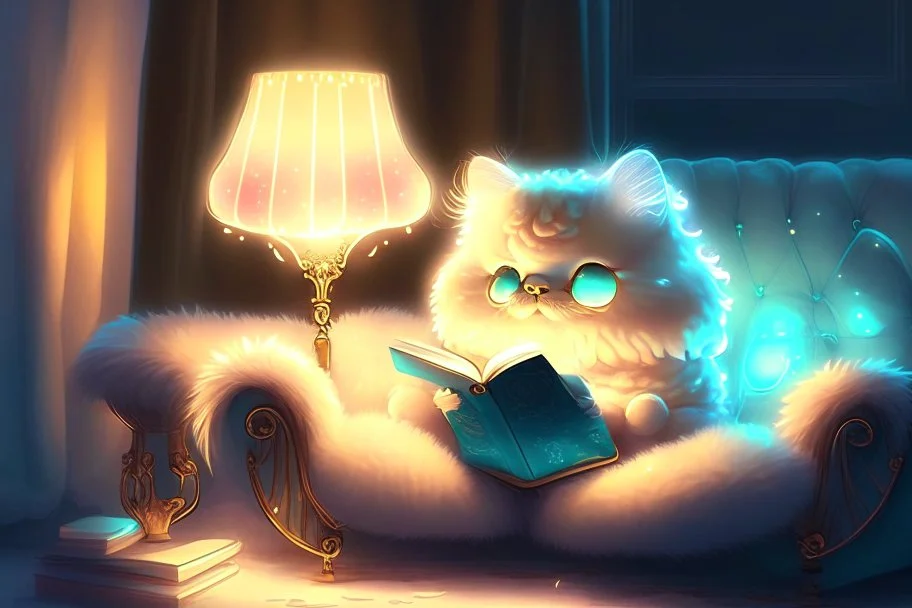 cute chibi fluffy beige bioluminescent cat reading a book sitting on a sofa next to a glowing tiffany lamp in a modern room