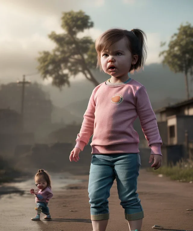 Penny Hofstadter toddler, full body, dramatic lighting, angry, hyper realistic