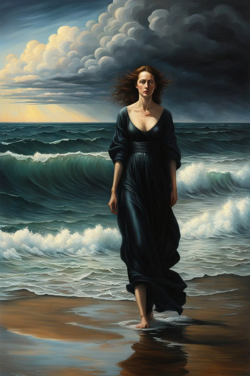 create a classical-abstract-realist sci-fi fantasy full body portrait painting of a lonely distraught woman with highly defined facial features, walking on the shore of a tempestuous sea in the style of Donato Giancola, Hans Memling, Titian, and Caravaggio, 8k, highly detailed, otherworldly and fantastic