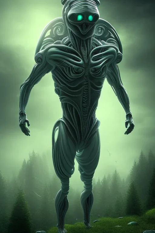 running alien portrait , black jogging suite , in the night Alps , holding leaves and coins , angels background, volumetric light, high detail, dark leaf tree, dark mountains in background, perfect, HR Giger style