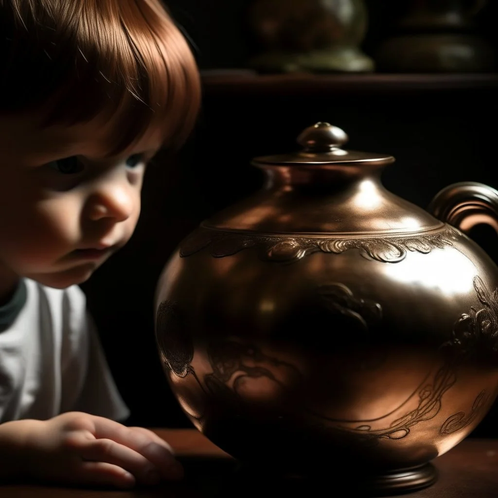 The reflection of a child on the surface of an old copper teapot