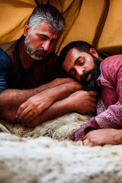 close up photography of two men sleeping on their stomachs , bearded ugly brawn 60-year-old rough beefy burly big scars bullneck arab tourist guides wearing traditional clothes, bulge, manly chest, photorealistic, sunlight, ambient occlusion, strong side light , sitting in a camping tent in the desert