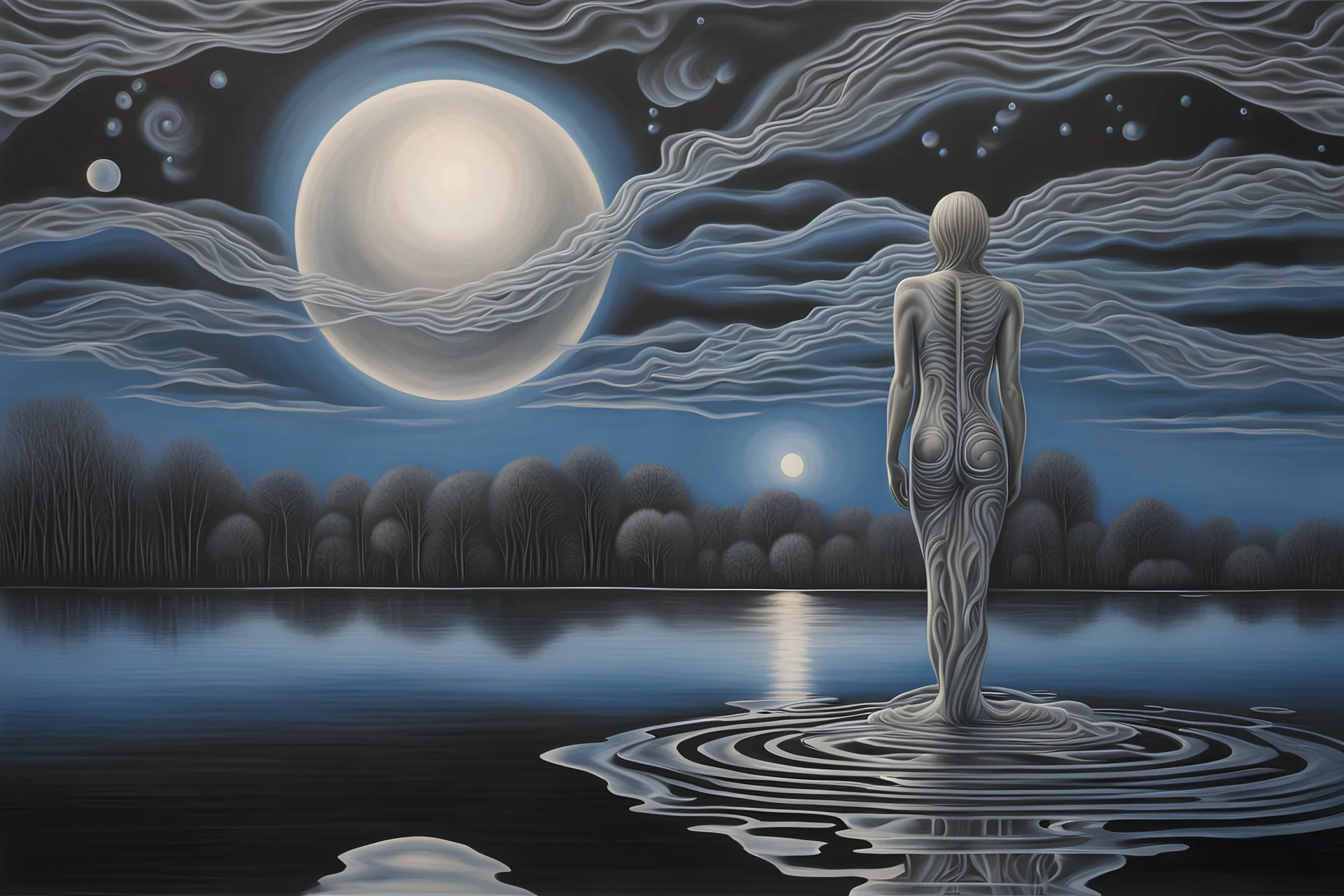 shadows on the water haunting scene reflections and illuminations in the style of alex grey with black, white, grey, and hints of blue