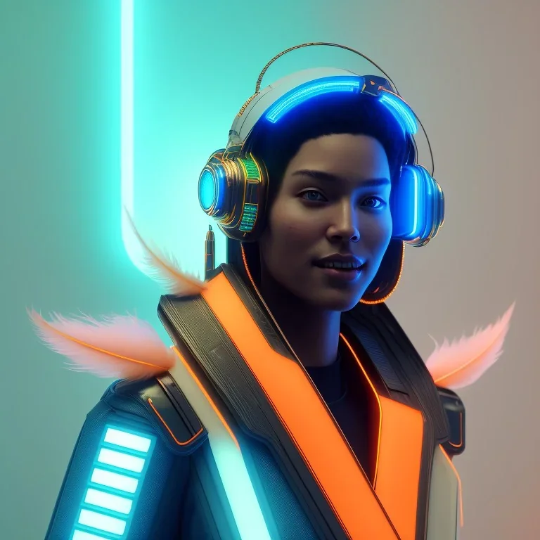 A beautiful portrait of a cyberpunk wonam smiling facing camera orange color scheme, high key lighting, volumetric light high details with white stripes and feathers unreal 5, octane render, cinema4d, dynamic lighting, dramatic lighting, 4k, redshift render, highly detailed, hyper realistic