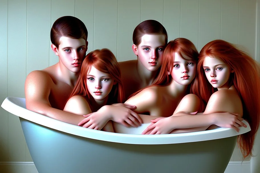 digital art of beautiful young auburn hair teenage girls with dad in the bedroom in a bathtub with grandpa hugging bare lips