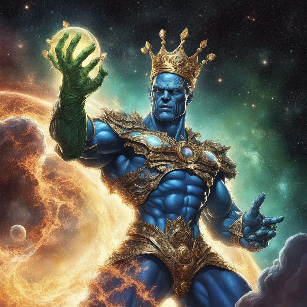 A divine being made from the combination of water and sun with cosmic powers and Dracula God-like man with infinite power who owns the galaxies and wears a beautiful crown A battle suit made of galaxies and stars with a glove that has seven endless stones with a mighty army behind him with hulk body