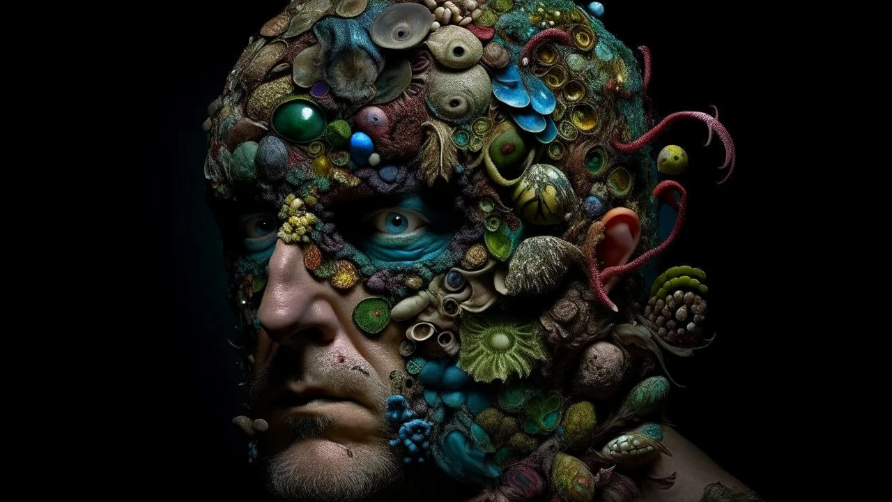 A surreal and captivating image of a man's head undergoing a bizarre metamorphosis, with various mollusks and shellfish taking over his face. His eyes, nose, and mouth are replaced by an array of colorful shells, while his hair transforms into a sea of wriggling, tentacle-like mollusks. The background is dark and mysterious, creating an eerie atmosphere. The overall composition is a stunning blend of the human form and sea creatures, evoking a sense of wonder and unease.