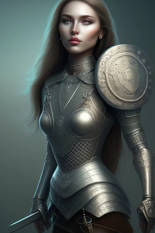 portrait, jute, shield, full body, chain mail, 8k resolution