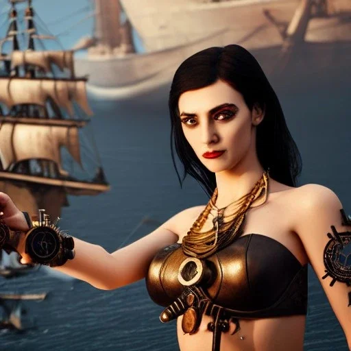 realistic, young spanish model pointing with a old pistol,short black hair flowing. black tatoo on arm. dressed a steampunk pirate, bra with carved leather. Salvador dalì style. Ships in background with high details. 4k, unreal engine.