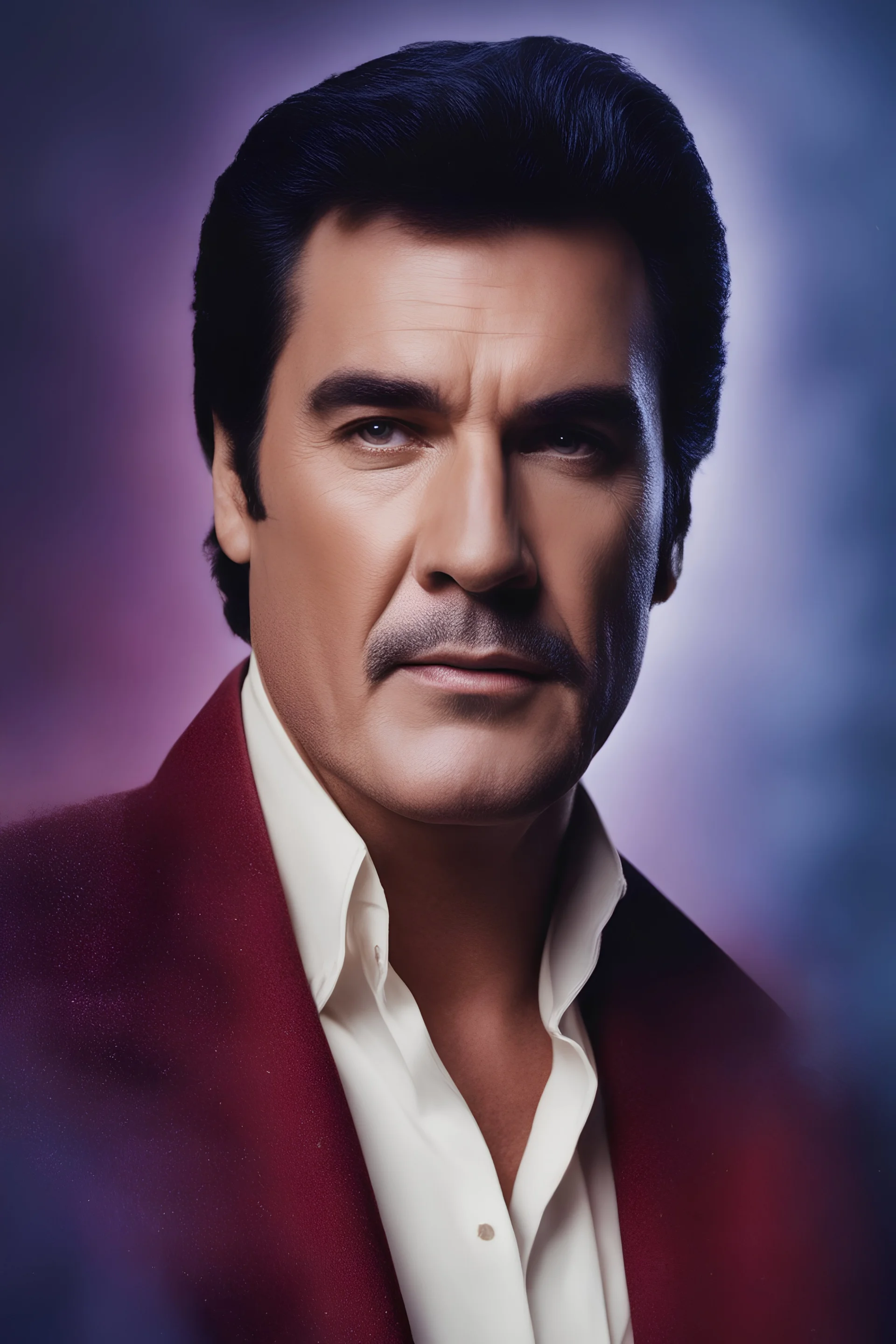 facial portrait - Elvis Tom Selleck - 32k, UHD, 1080p, 8 x 10, glossy professional quality digital photograph - dark blue and dark red, and light maroon and purple and foggy black gradated background, historic, powerful, octane rendering, exquisite detail, 30 - megapixel, 4k, 85 - mm - lens, sharp - focus, intricately - detailed, long exposure time, f8, ISO 100, shutter - speed 1125, diffuse - back - lighting, ((skin details, high detailed skin texture)), (((perfect face))),