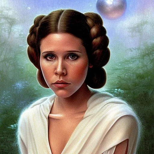 star wars death star background, complete and photo realistic detailed head to waist stunning photo realistic portrait of young carrie fisher as Princess Leia in star wars with photo realistic hairstyle by Mandy Jurgens and mucha and Richard Schmid and chuck close and chie yoshii, extraordinary and detailed ceremony dress of star wars,brown eyes