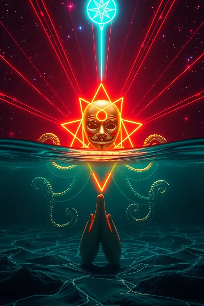 extremely sharp hypnotic soothing emotional support sacred geometry radiation star priest anonymous octopus by munch singer symbol in front of depth of field neon google neon glass submarine effect